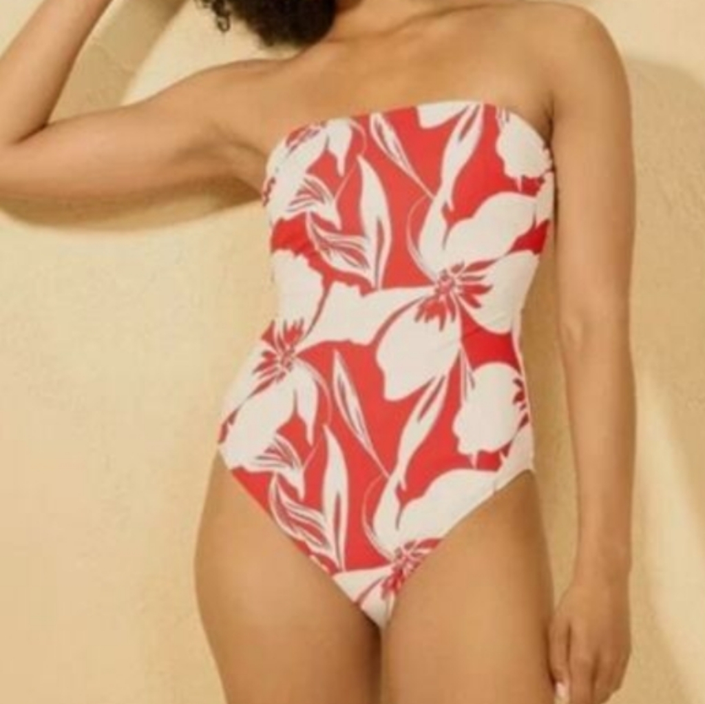 Sun N Shore Strapless One Piece Swimsuit Xl Red Floral Removable Strap